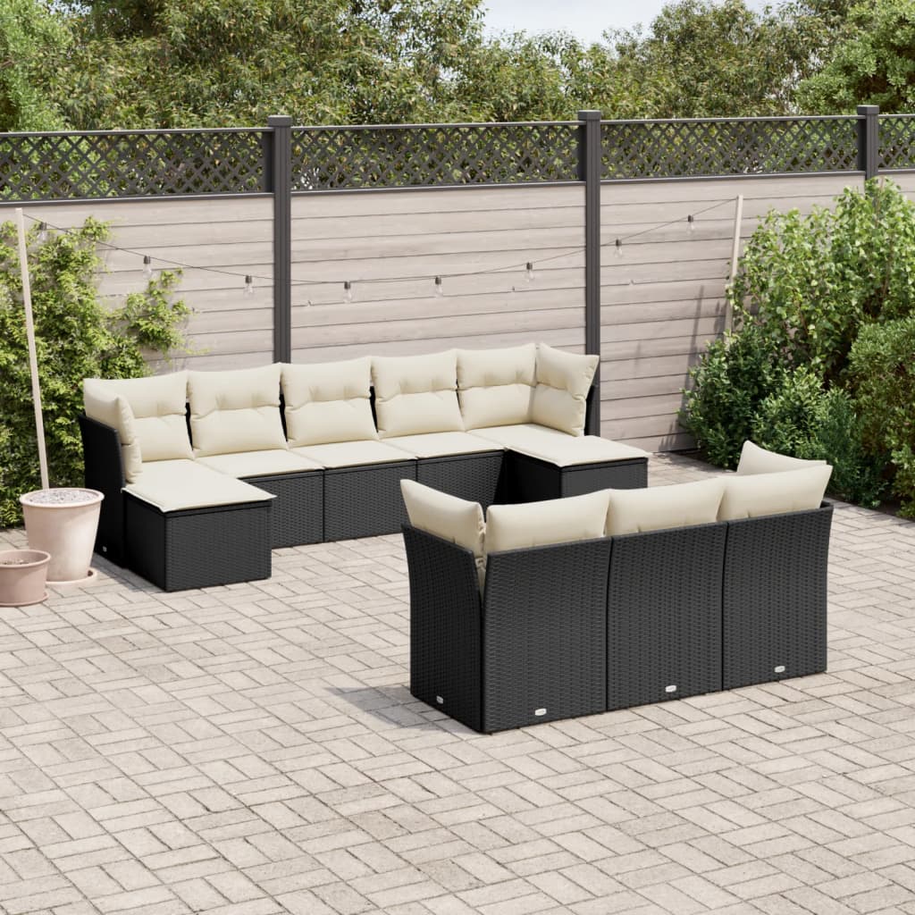 Salon de jardin 10 pcs avec coussins noir résine tressée