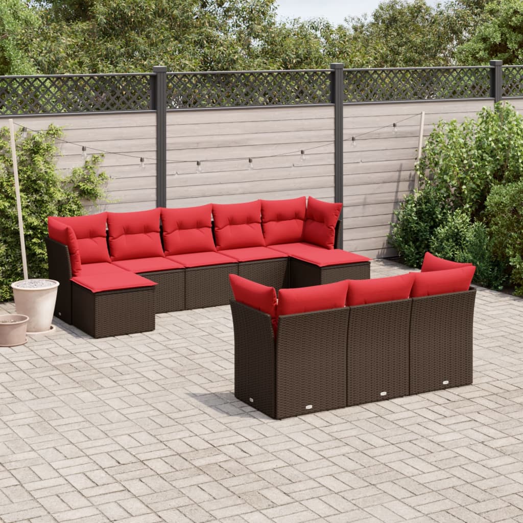 Ensemble de canapé de jardin 10 pcs avec coussins marron résine tressée
