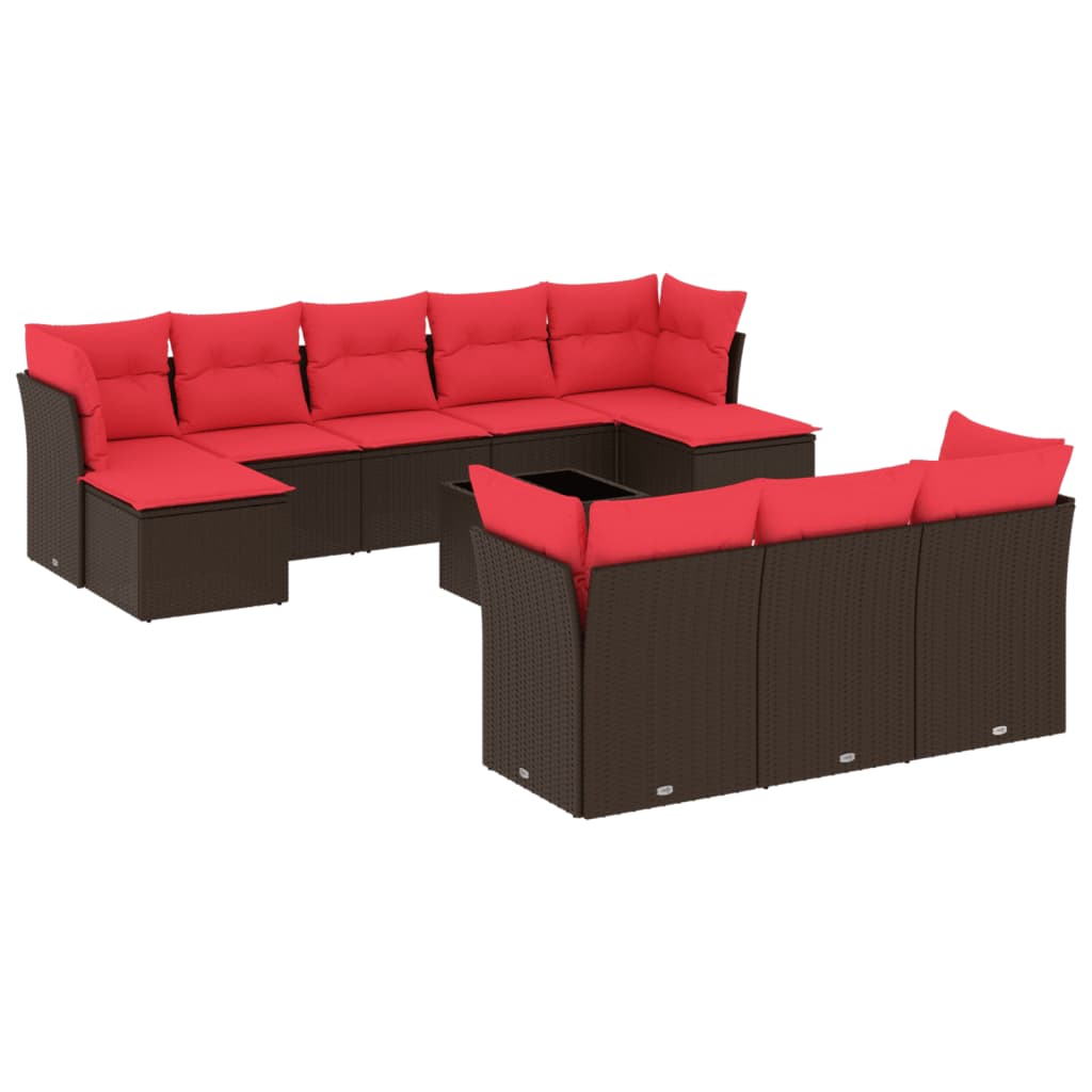 Ensemble de canapé de jardin 11 pcs avec coussins marron résine tressée
