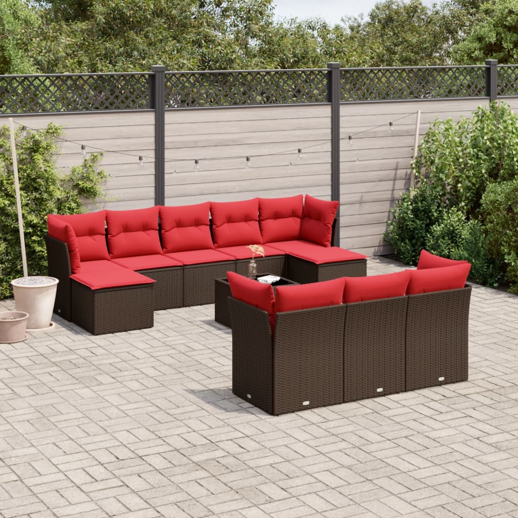 Ensemble de canapé de jardin 11 pcs avec coussins marron résine tressée