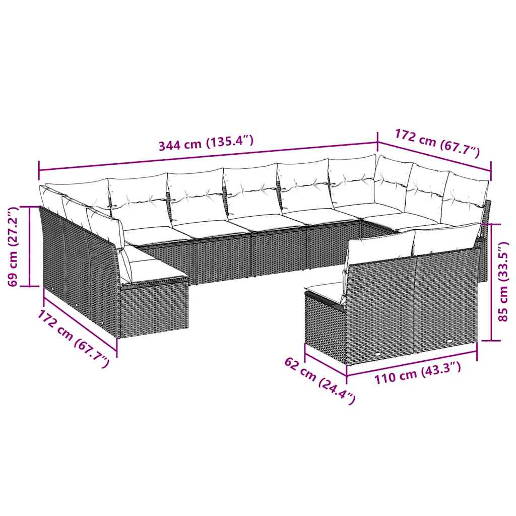 Salon de jardin avec coussins 12 pcs marron résine tressée