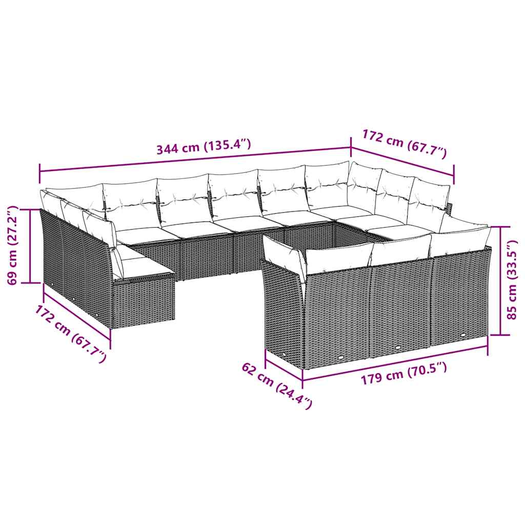 Salon de jardin avec coussins 13 pcs marron résine tressée