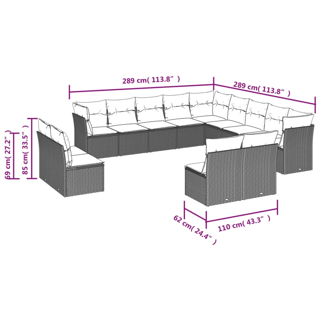 Ensemble de canapé de jardin 13 pcs avec coussins marron résine tressée