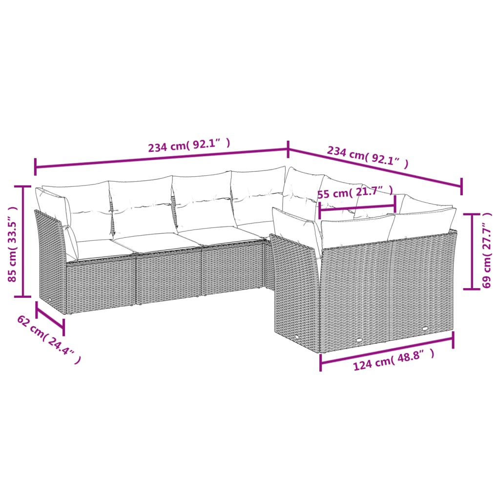Salon de jardin 8 pcs avec coussins gris résine tressée