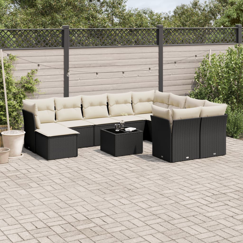 Salon de jardin 11 pcs avec coussins noir résine tressée