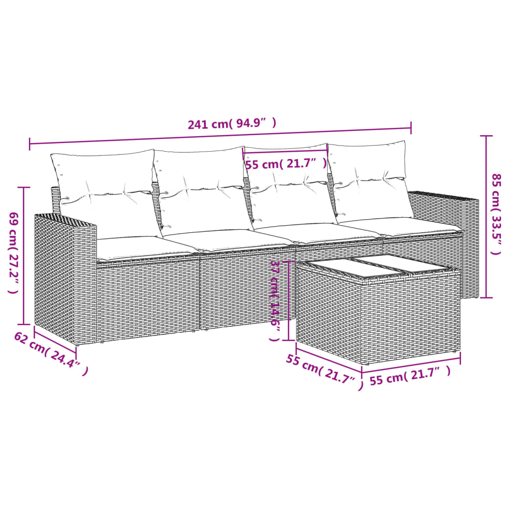 Salon de jardin 5 pcs avec coussins gris résine tressée