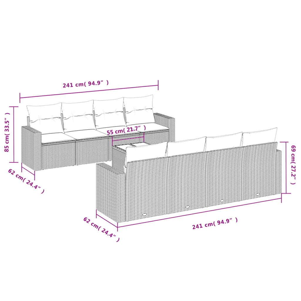 Salon de jardin avec coussins 9 pcs beige résine tressée