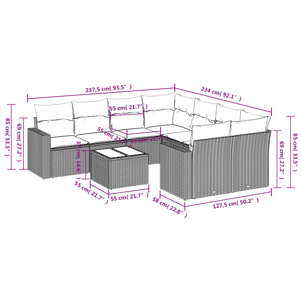 Salon de jardin avec coussins 9 pcs beige résine tressée