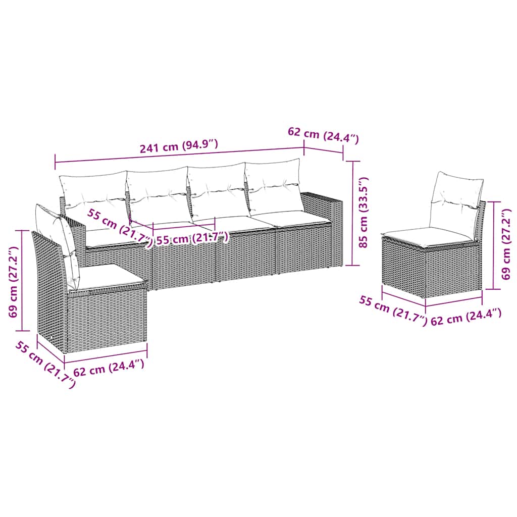 Salon de jardin avec coussins 6 pcs marron résine tressée