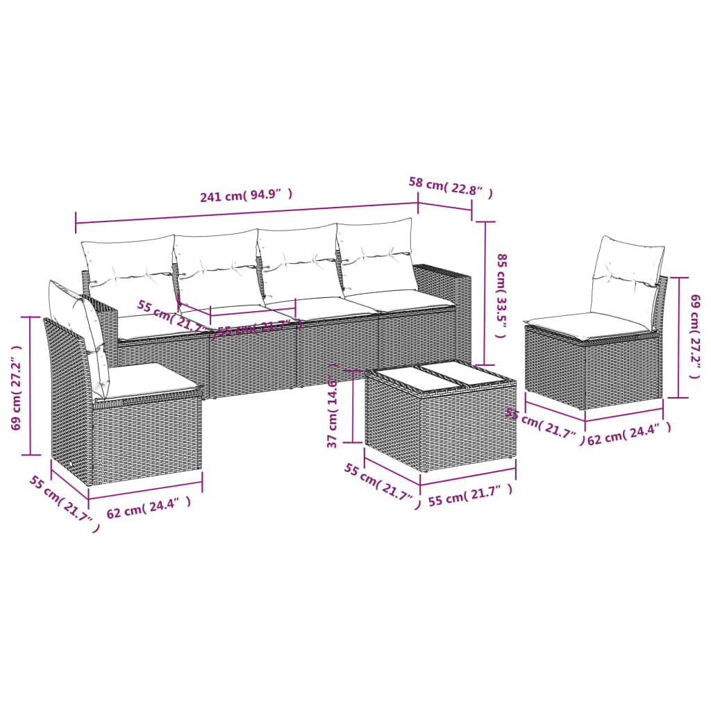 Salon de jardin avec coussins 7 pcs gris clair résine tressée