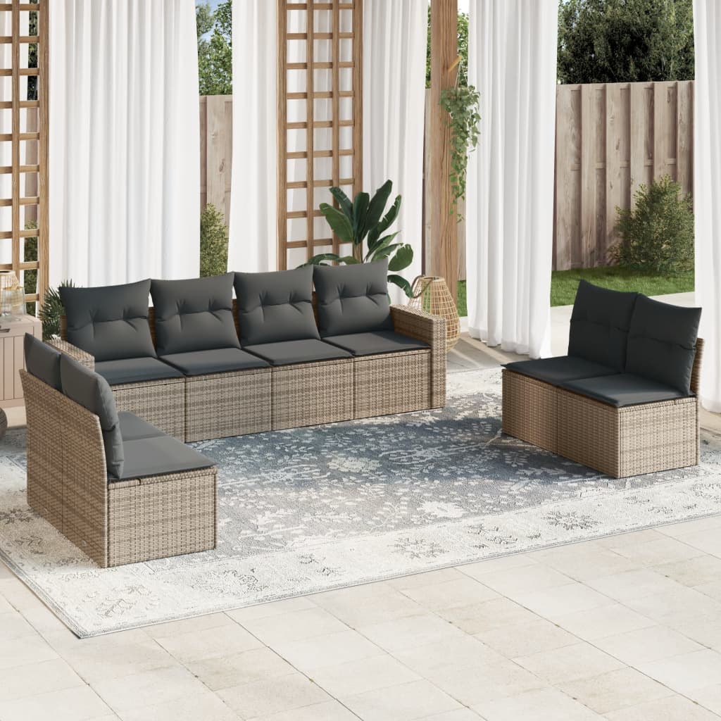 Salon de jardin 9 pcs avec coussins gris résine tressée