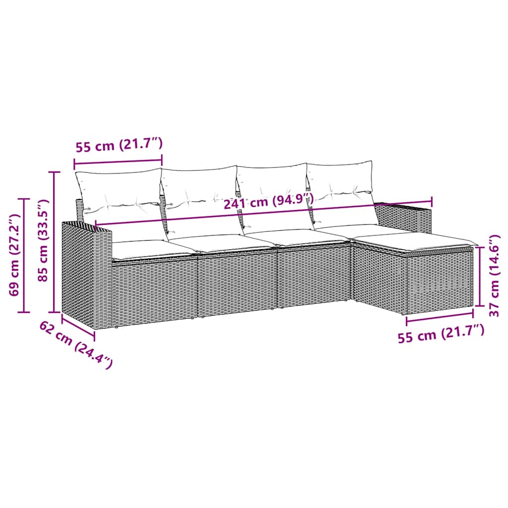 Salon de jardin avec coussins 5 pcs marron résine tressée