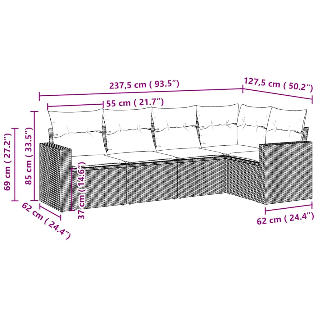 Salon de jardin 5 pcs avec coussins gris clair résine tressée