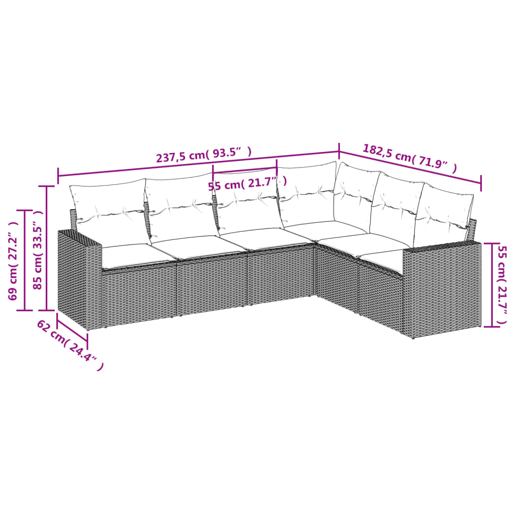 Salon de jardin 6 pcs avec coussins noir résine tressée