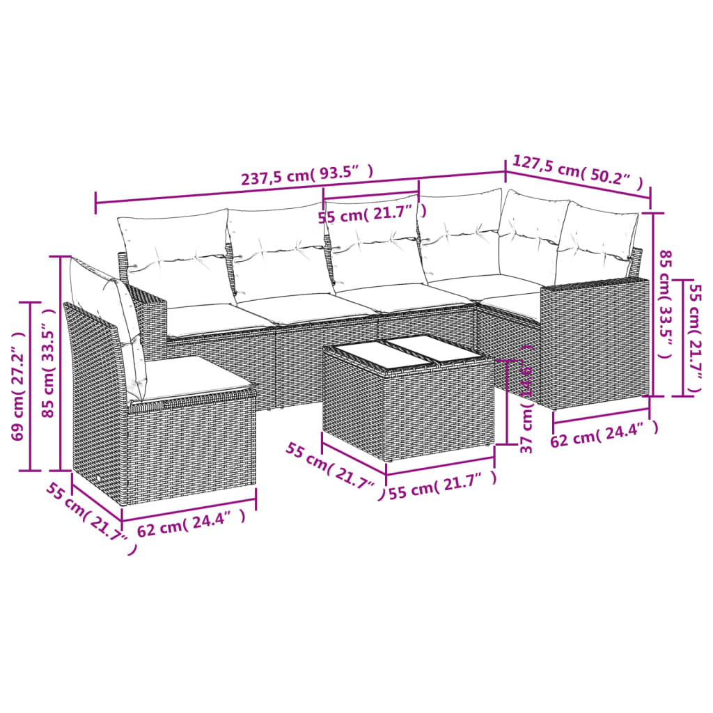 Salon de jardin avec coussins 7 pcs marron résine tressée