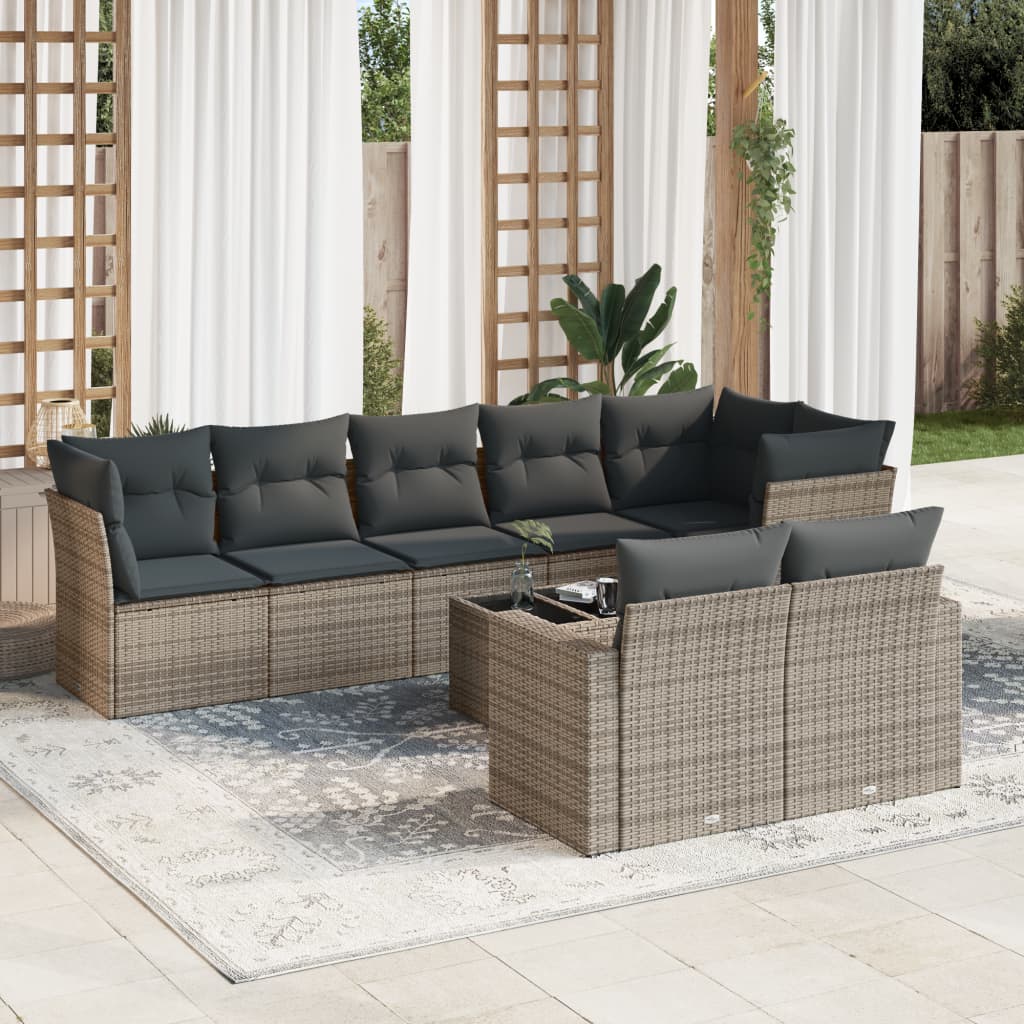 Salon de jardin 9 pcs avec coussins gris résine tressée