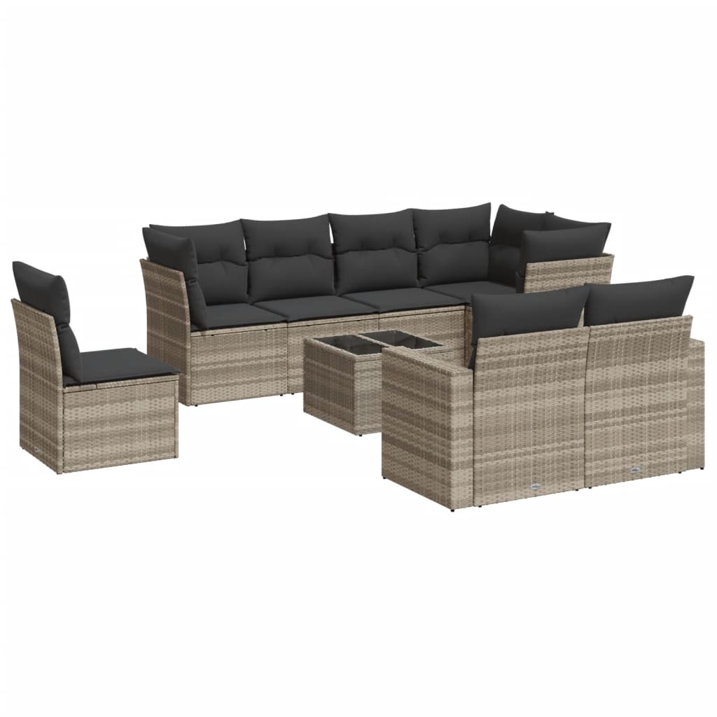 Salon de jardin 9 pcs avec coussins gris clair résine tressée