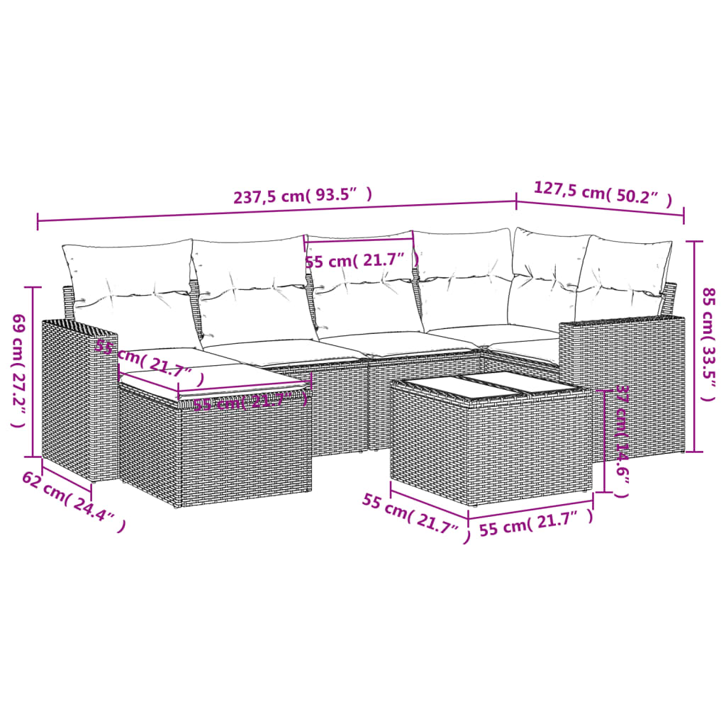 Salon de jardin avec coussins 7 pcs marron résine tressée