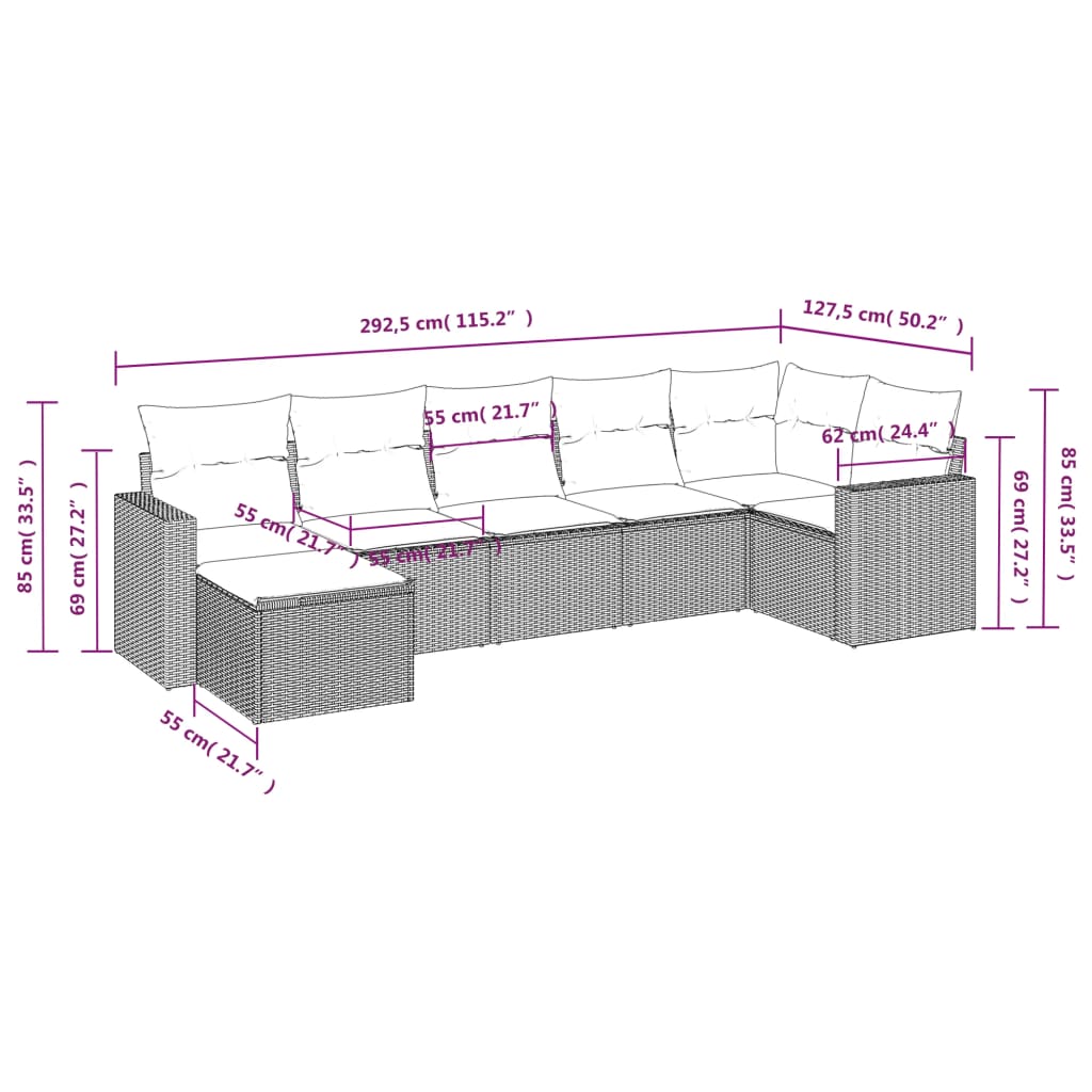 Salon de jardin avec coussins 7 pcs gris clair résine tressée