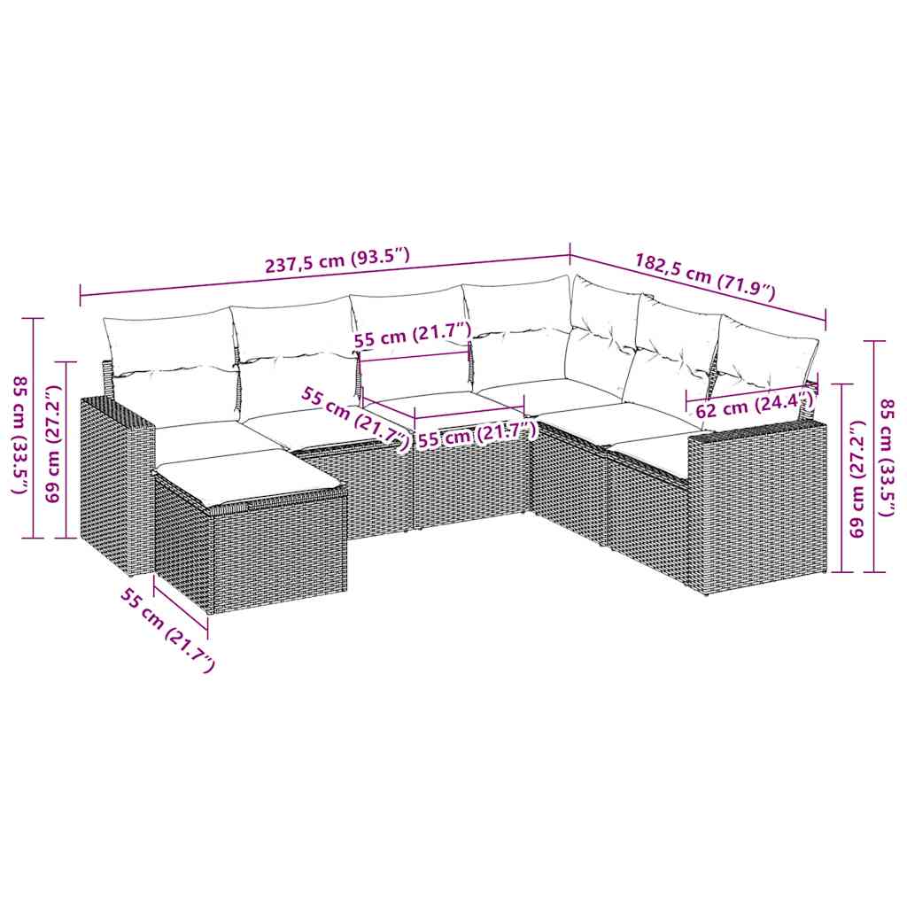 Salon de jardin avec coussins 7 pcs marron résine tressée
