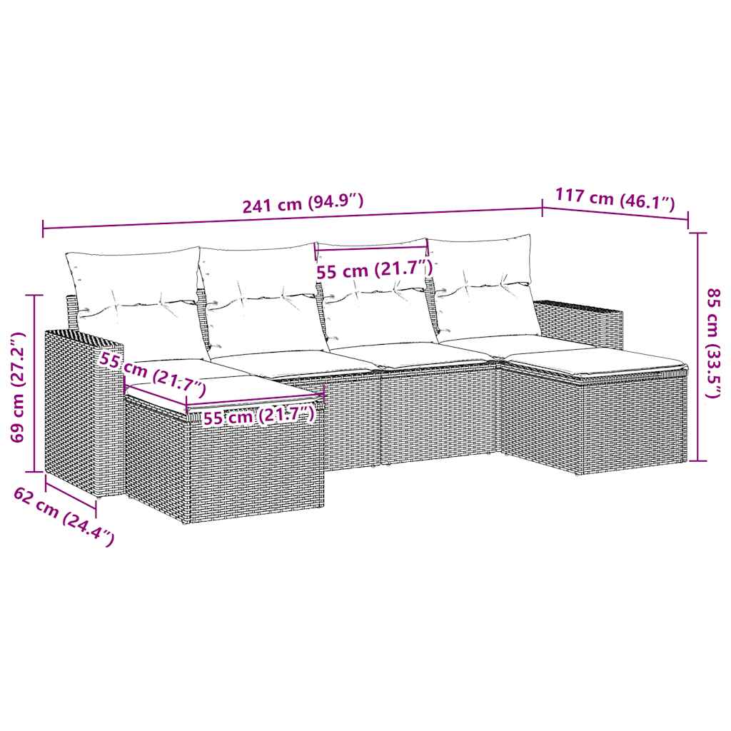 Salon de jardin avec coussins 6 pcs marron résine tressée