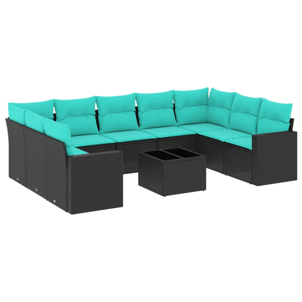 Salon de jardin 10 pcs avec coussins noir résine tressée