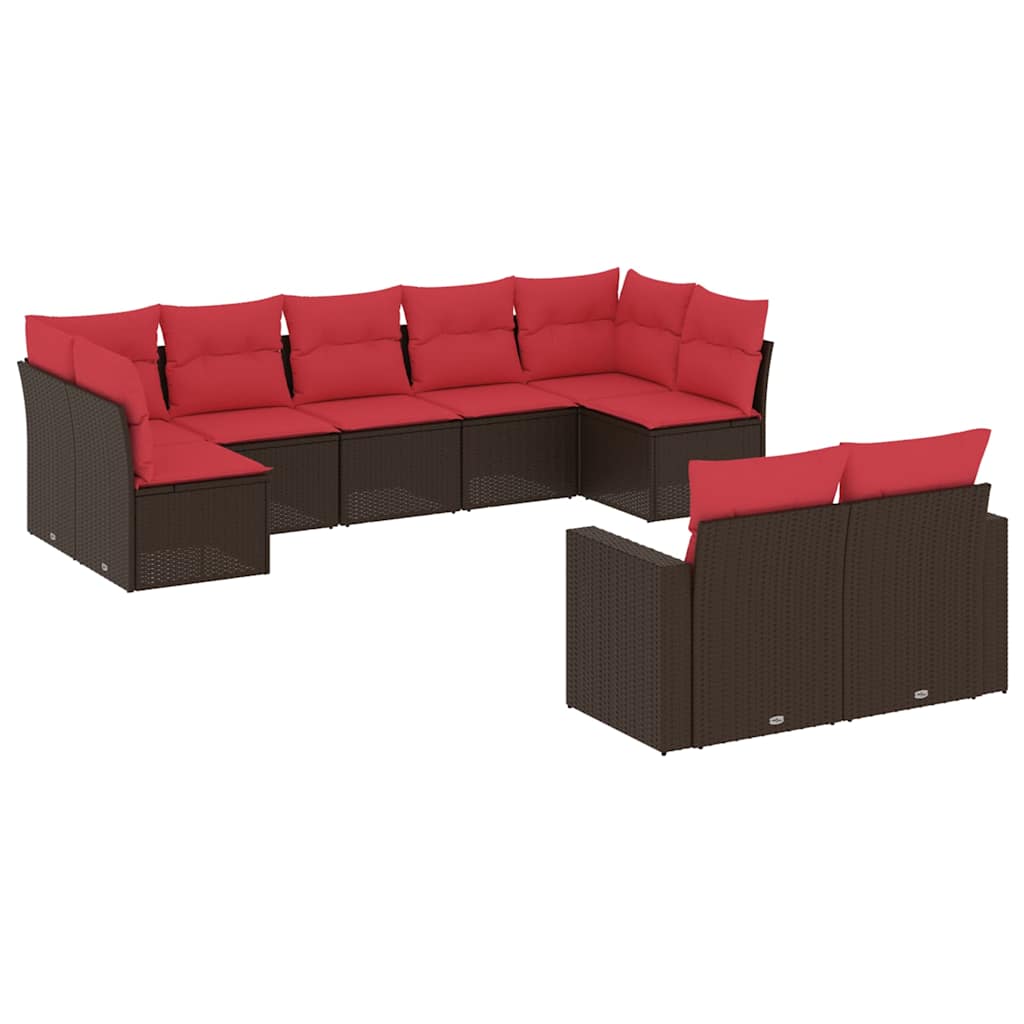 Salon de jardin avec coussins 9 pcs marron résine tressée