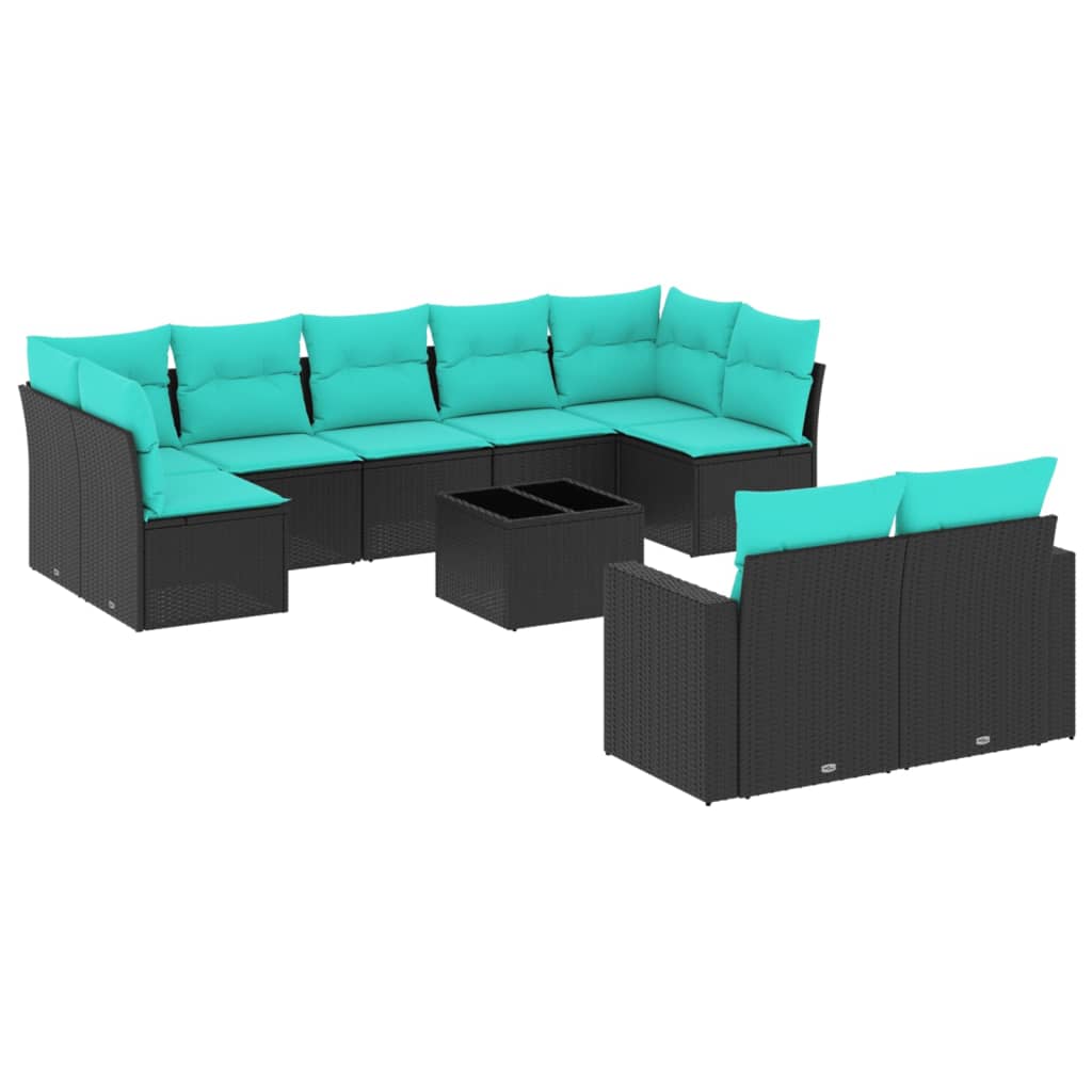 Salon de jardin 10 pcs avec coussins noir résine tressée