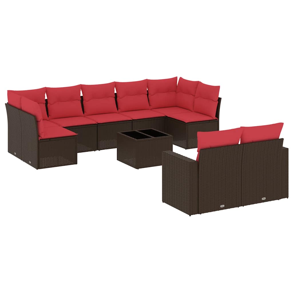 Salon de jardin 10 pcs avec coussins marron résine tressée