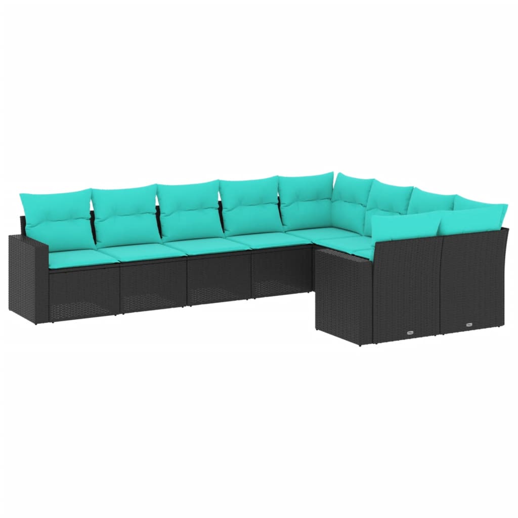 Salon de jardin 9 pcs avec coussins noir résine tressée