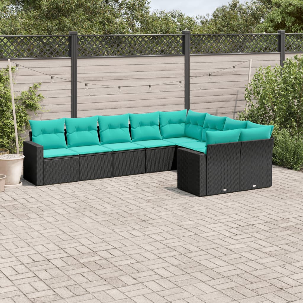 Salon de jardin 9 pcs avec coussins noir résine tressée