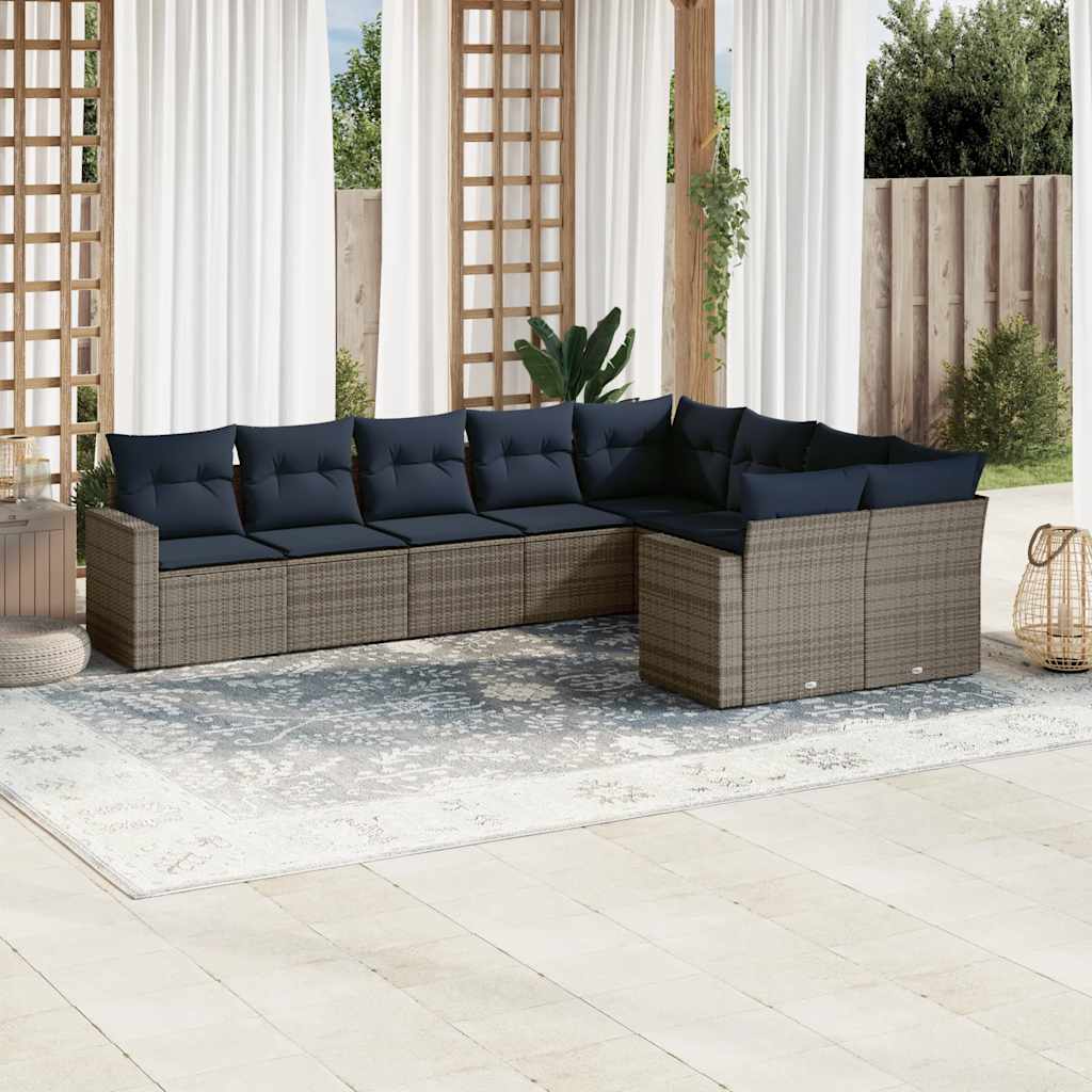 Salon de jardin 9 pcs avec coussins gris résine tressée