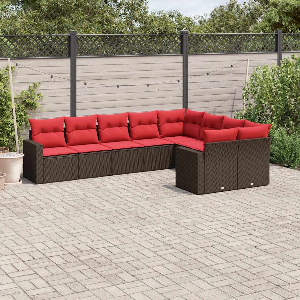 Salon de jardin avec coussins 9 pcs marron résine tressée