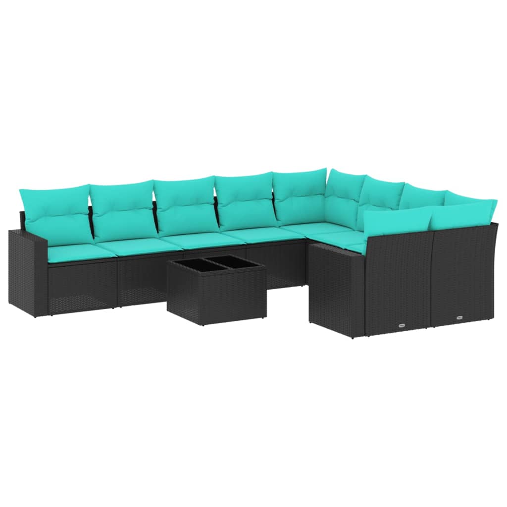 Salon de jardin 10 pcs avec coussins noir résine tressée