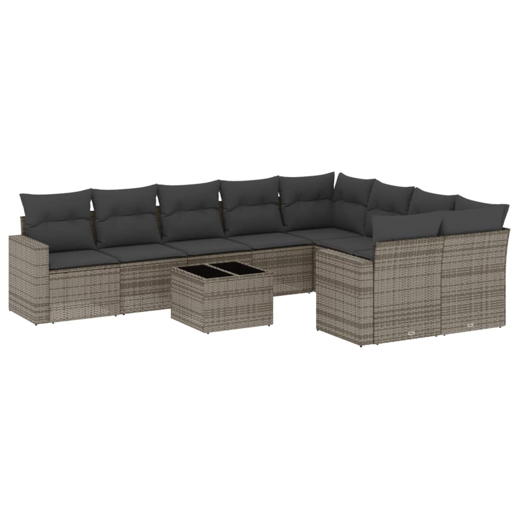 Salon de jardin avec coussins 10 pcs gris résine tressée