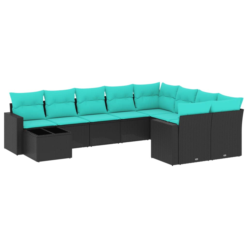 Salon de jardin 10 pcs avec coussins noir résine tressée