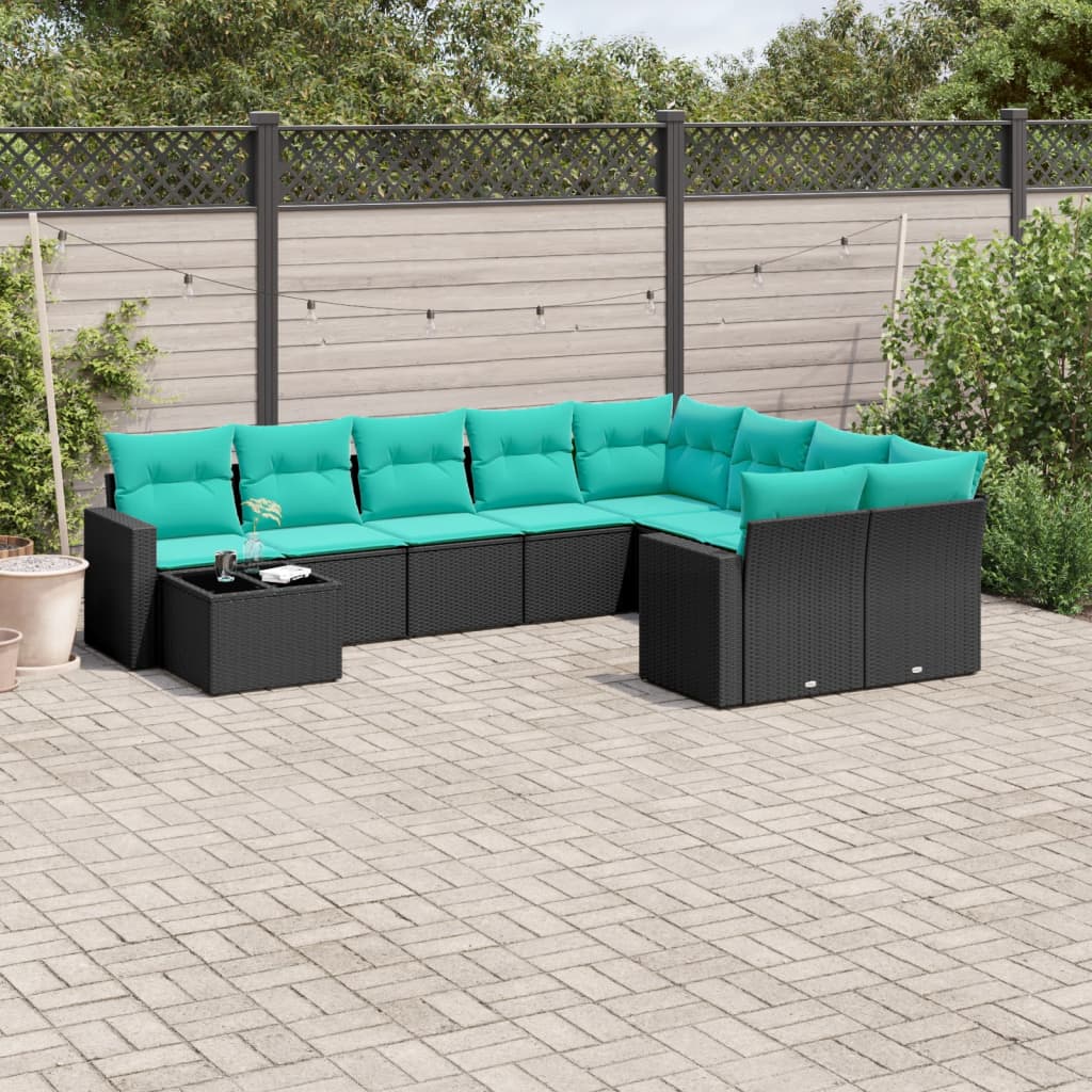 Salon de jardin 10 pcs avec coussins noir résine tressée