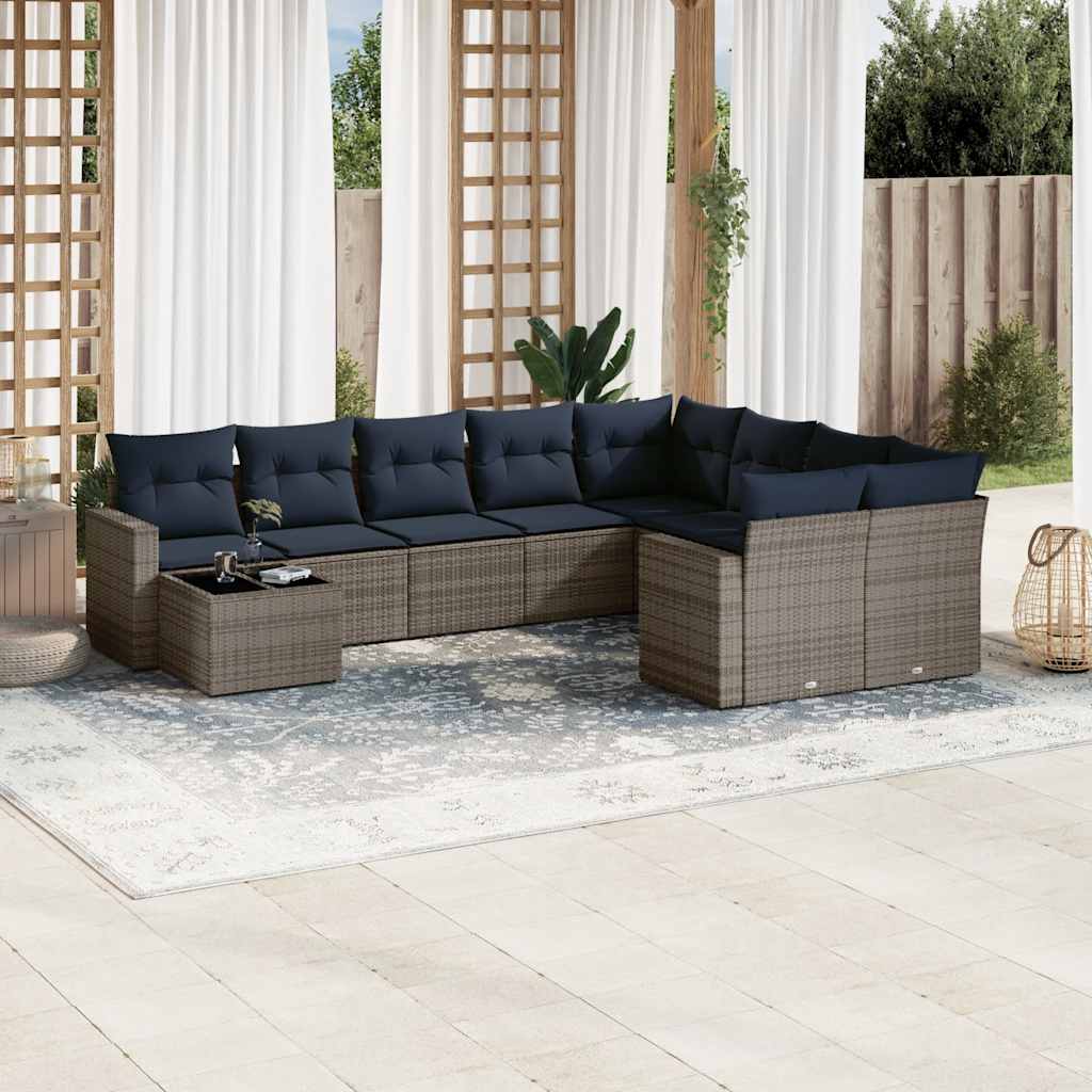 Salon de jardin 10 pcs avec coussins gris résine tressée