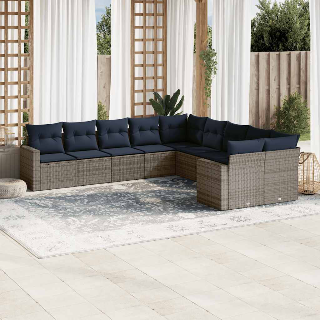 Salon de jardin 10 pcs avec coussins gris résine tressée
