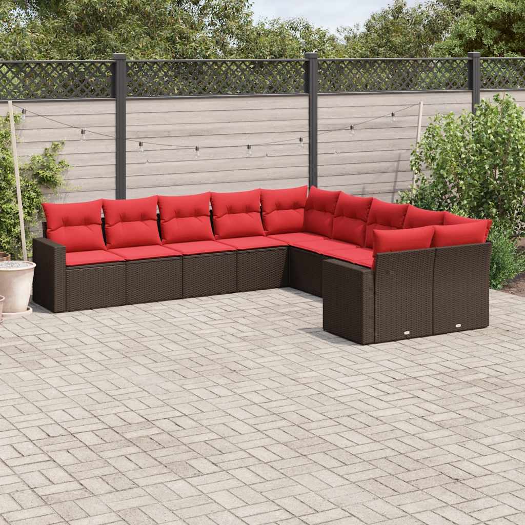 Salon de jardin 10 pcs avec coussins marron résine tressée