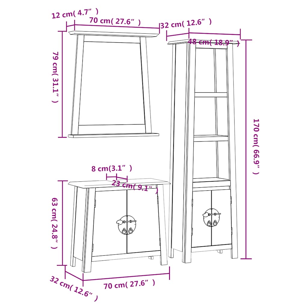 Ensemble de meubles de salle de bain 3 pcs bois de pin massif