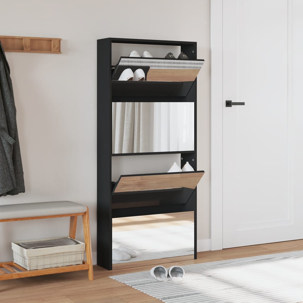 Armoire à chaussures avec miroir à 4 niveaux noir 63x17x134 cm - XIOS