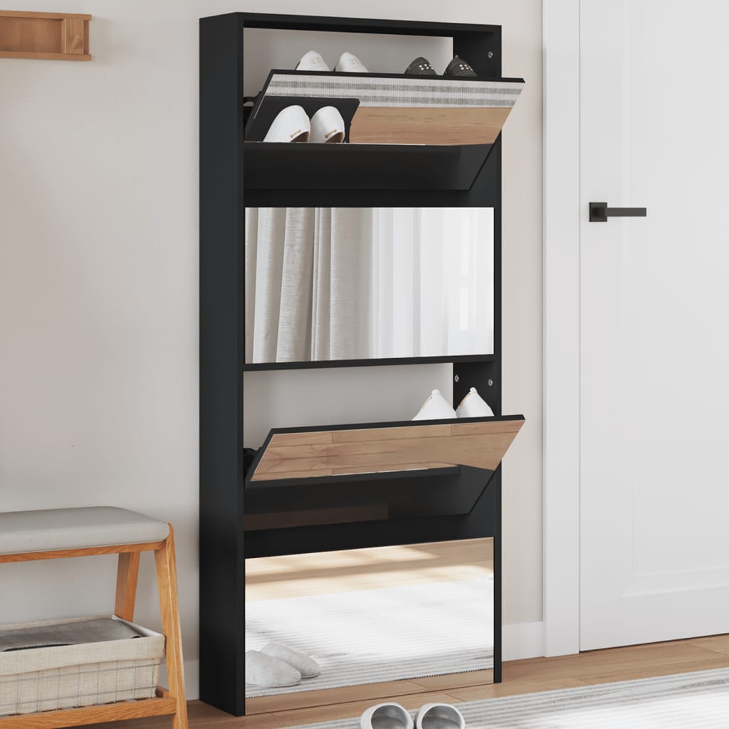 Armoire à chaussures avec miroir à 4 niveaux noir 63x17x134 cm - XIOS