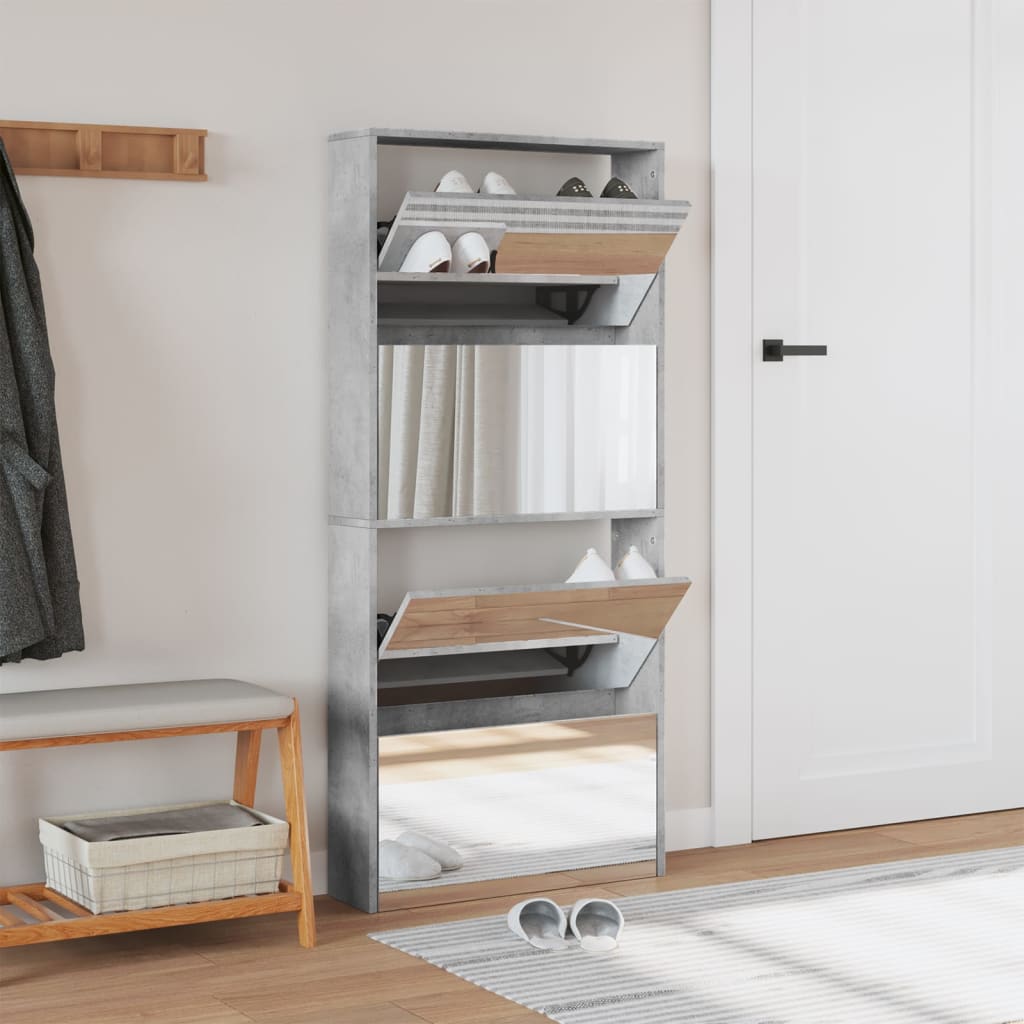 Armoire à chaussures et miroir 4 niveaux gris béton 63x17x134cm - XIOS