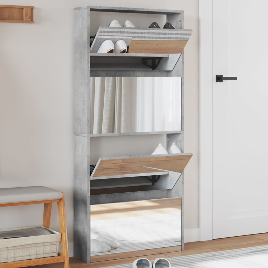 Armoire à chaussures et miroir 4 niveaux gris béton 63x17x134cm - XIOS