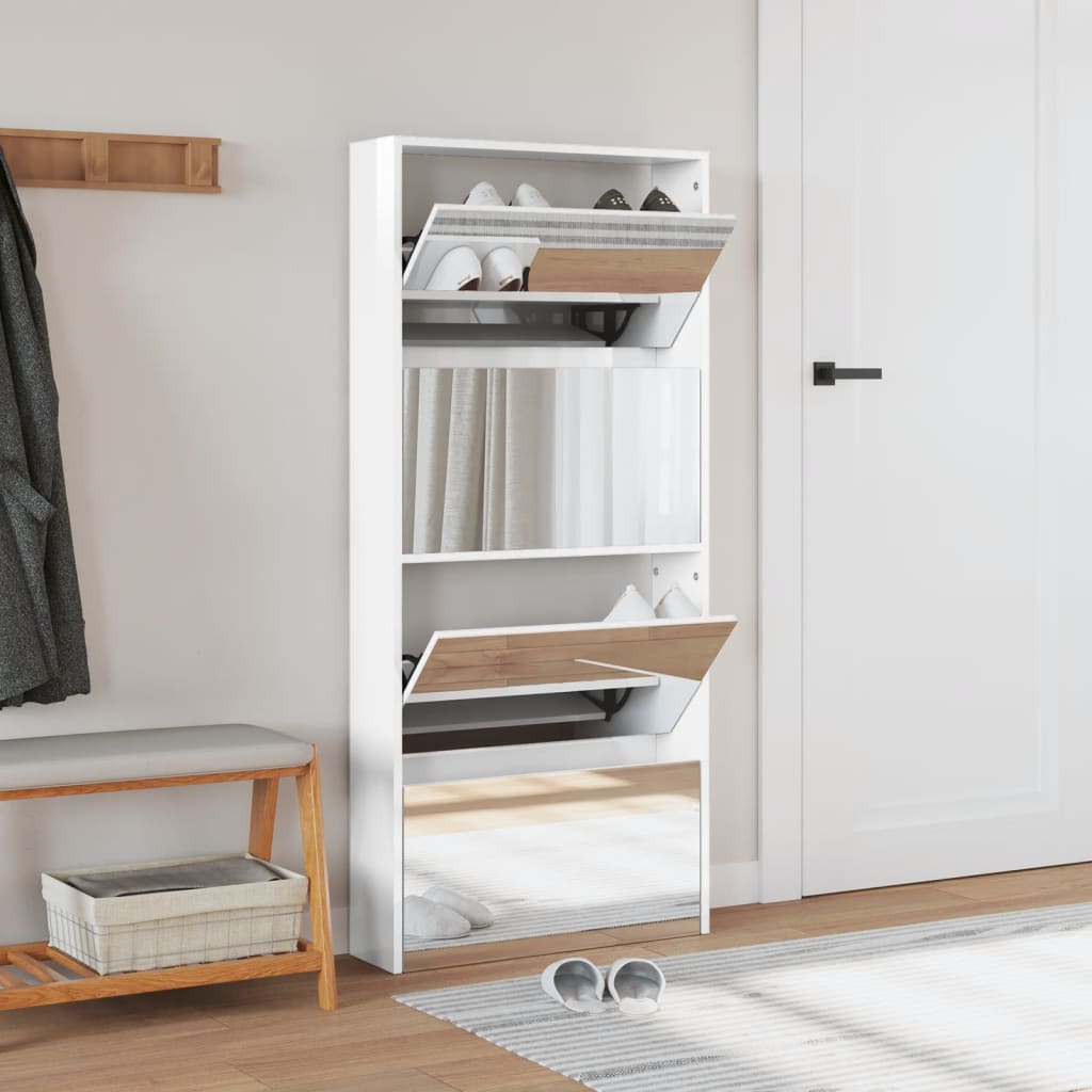 Armoire à chaussures miroir 4 niveaux blanc brillant - XIOS