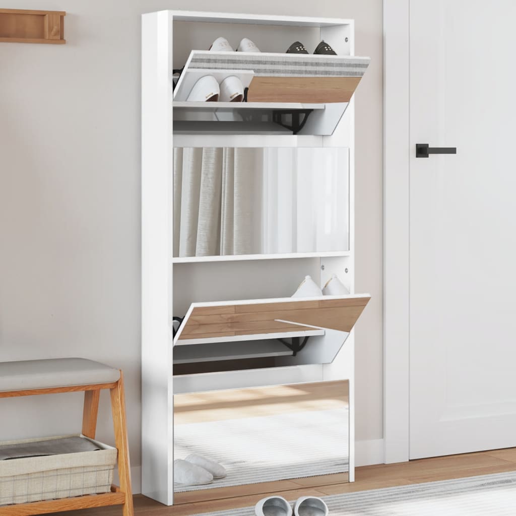 Armoire à chaussures miroir 4 niveaux blanc brillant - XIOS