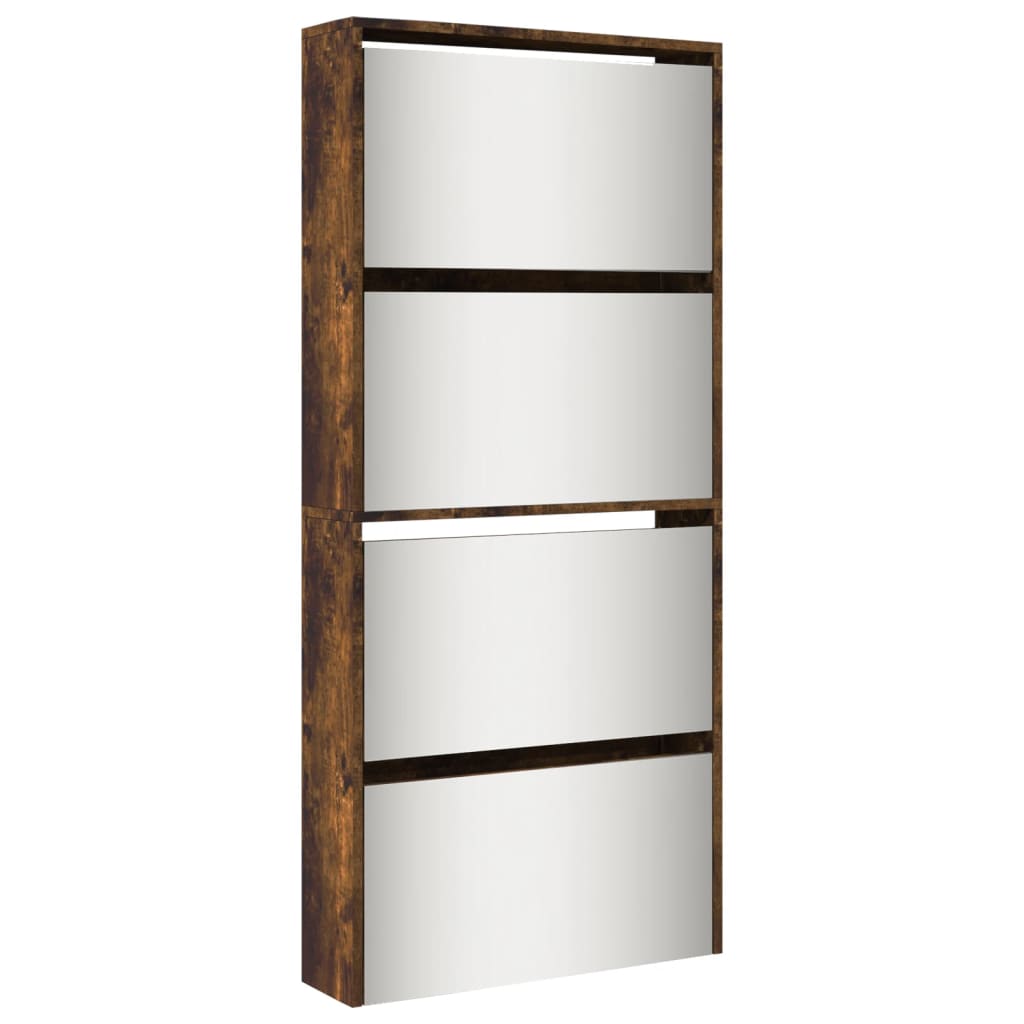 Armoire à chaussures miroir à 4 niveaux chêne fumé 63x17x134 cm - XIOS
