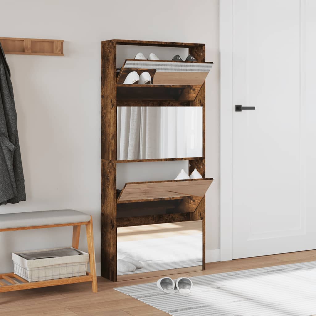 Armoire à chaussures miroir à 4 niveaux chêne fumé 63x17x134 cm - XIOS
