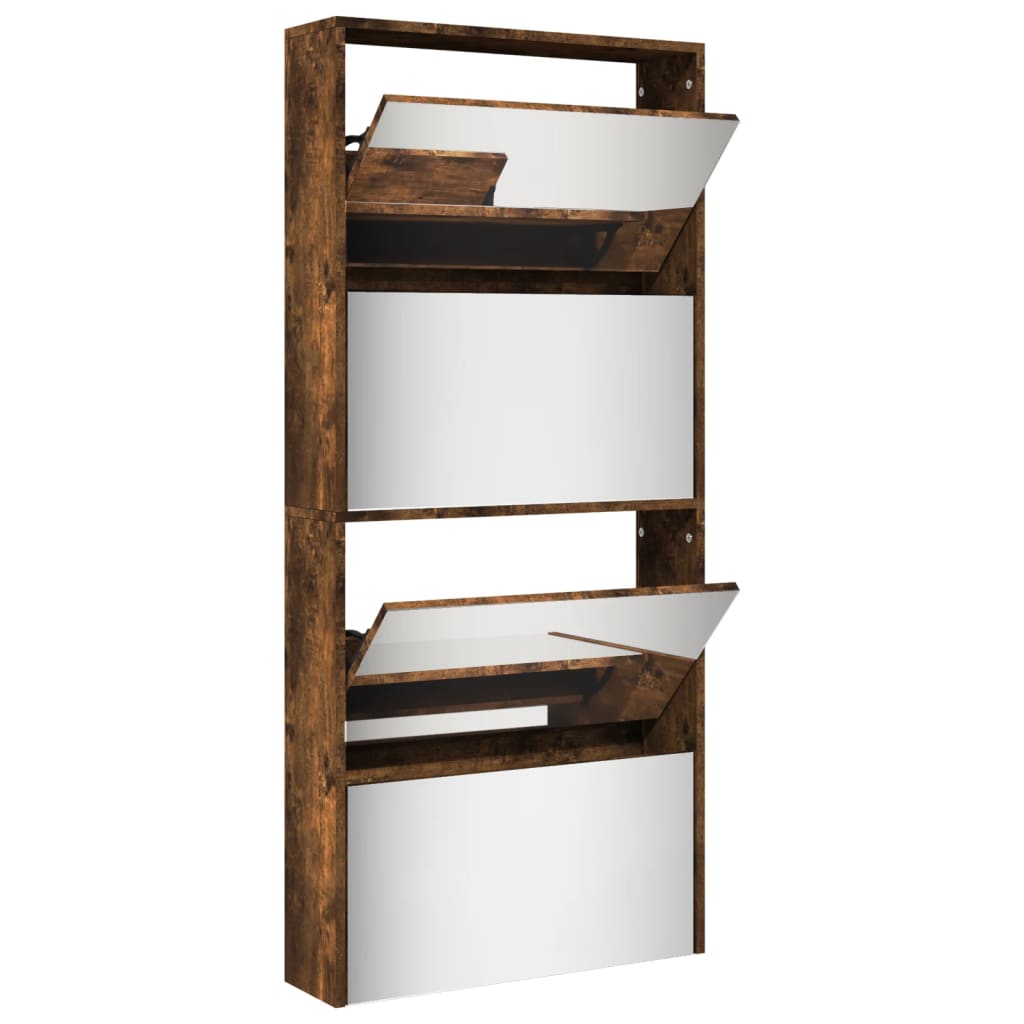 Armoire à chaussures miroir à 4 niveaux chêne fumé 63x17x134 cm - XIOS